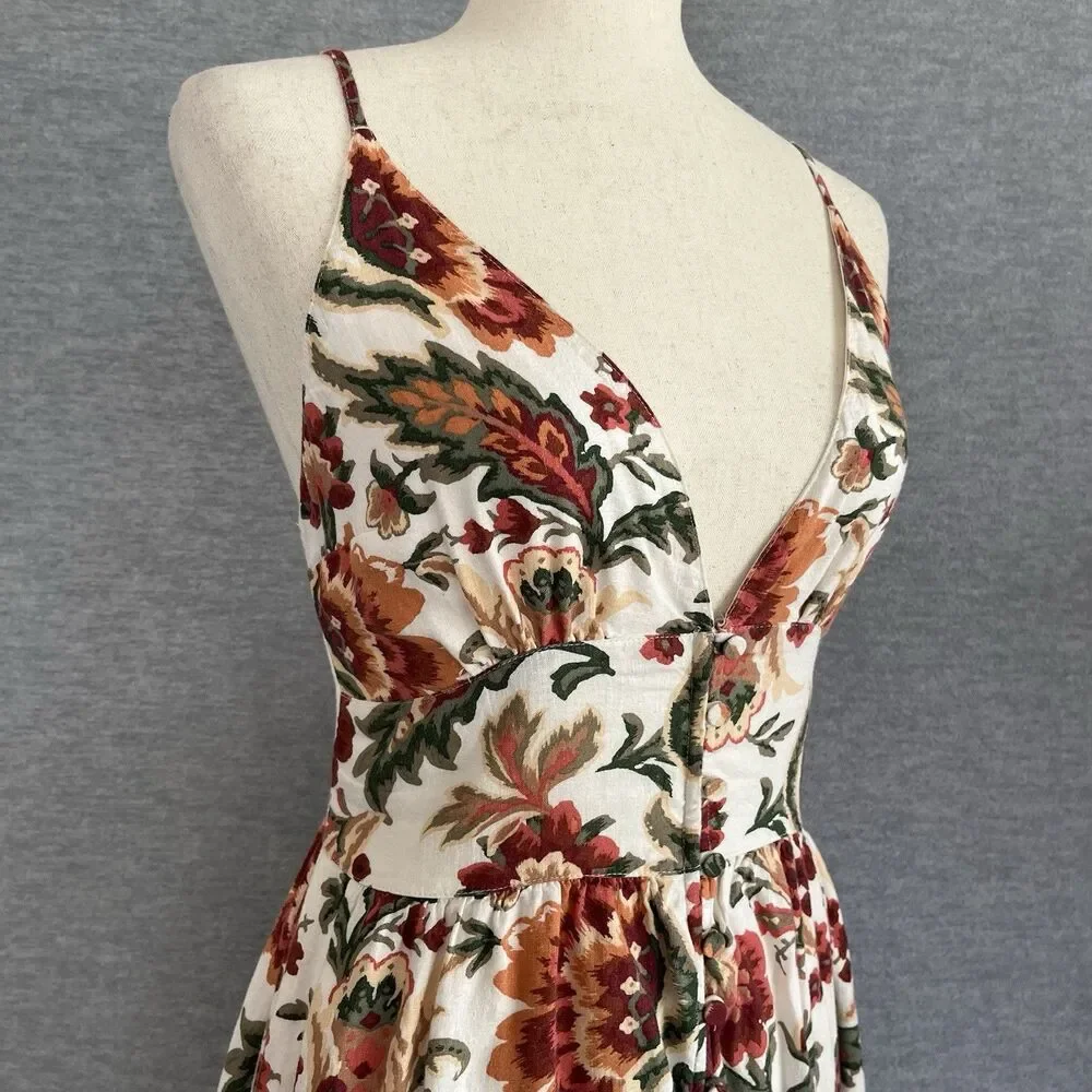 Abercrombie & Fitch Floral Linen Dress SP Buttons Plunge Neck Smocked Boho Maxi
